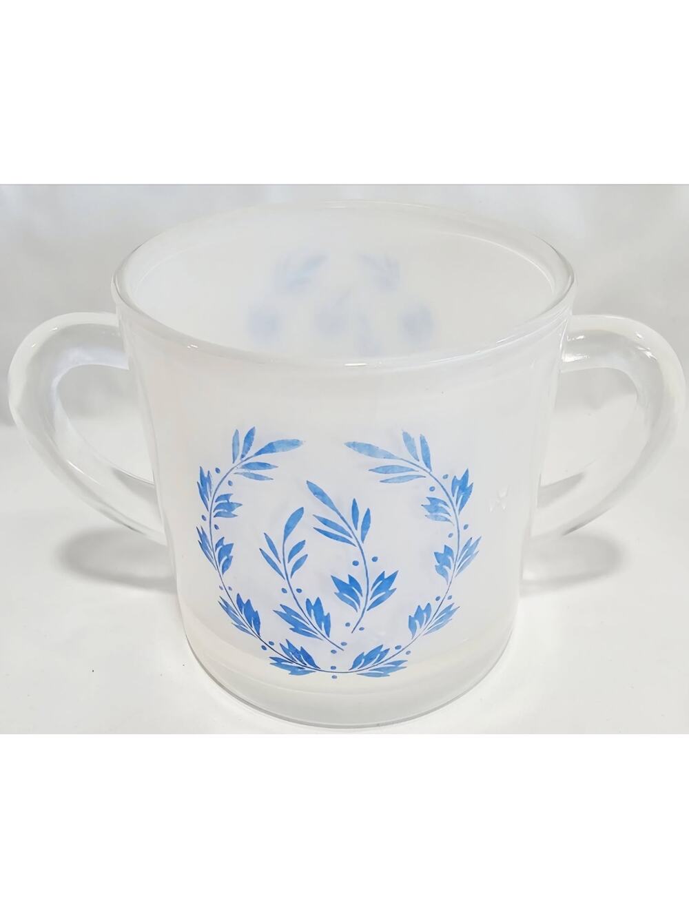 Vintage Bartlett-Collins Frosted Glass Sugar Bowl Cup Blue Wreath Floral Design